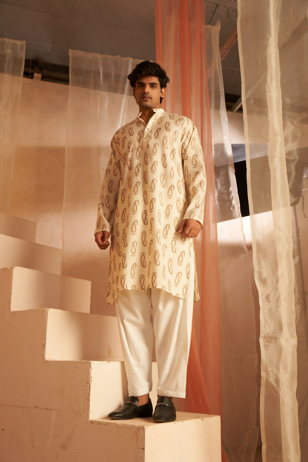 Off White Modal Silk Designer Printed Men's Kurta Set - Mahotsav