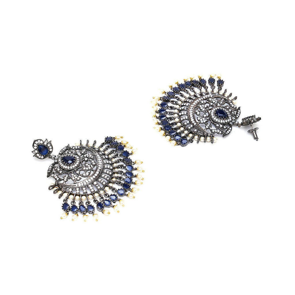 Diamond & Blue Stone Earrings with Matching Maang Tikka- Ruby Raang