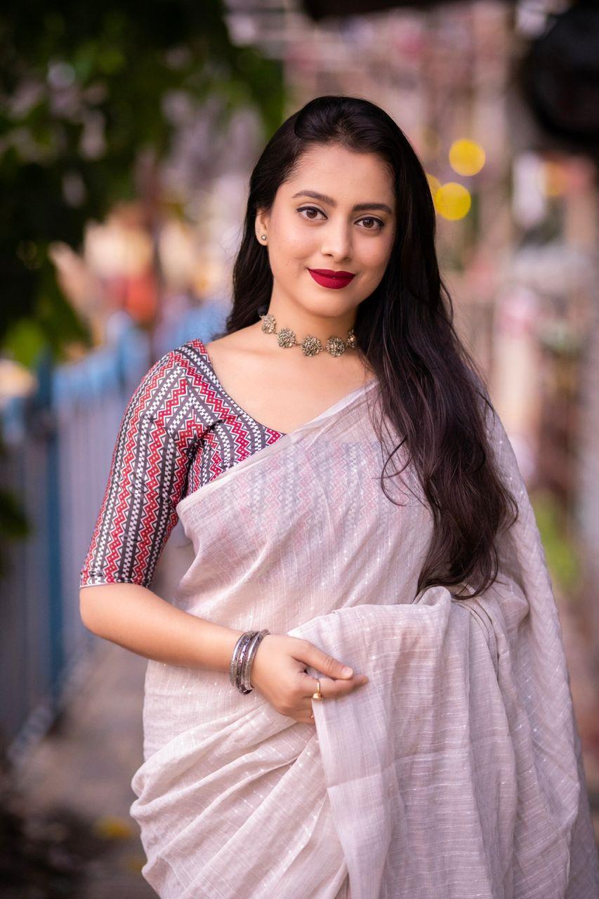Grey Linen Sequence Saree with Unstitched Blouse - Hiral Fashion