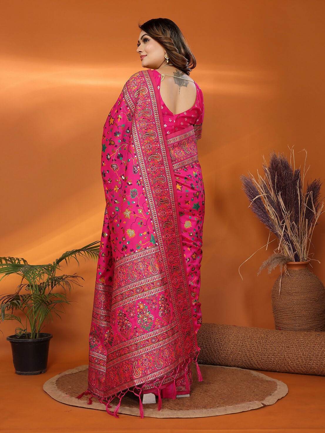 Joban Fashion Pink Meena Weaves Pashmina Sarees