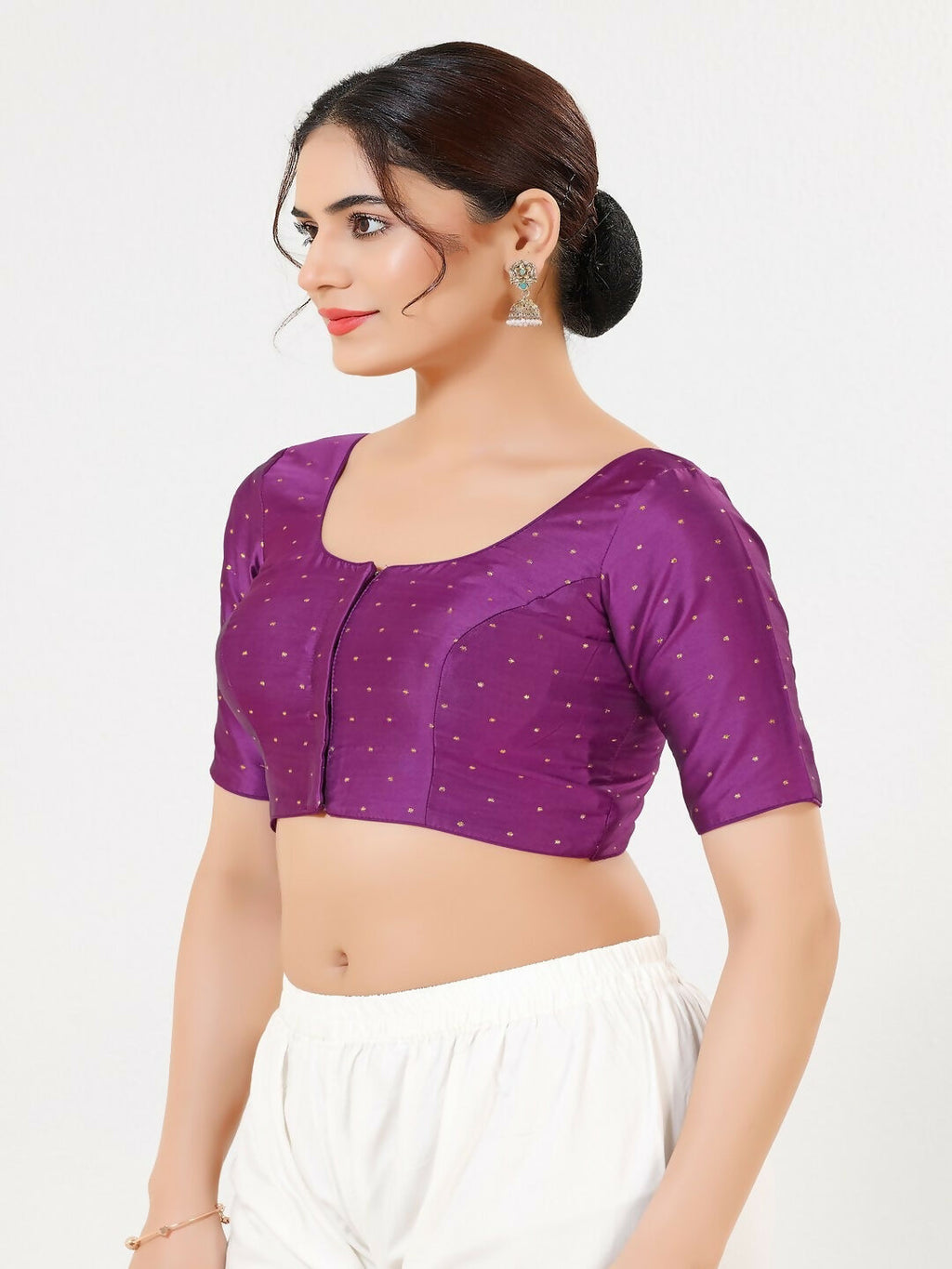 Joban Fashion Purple Taffeta Silk Elbow Sleeveless Front Open Blouse