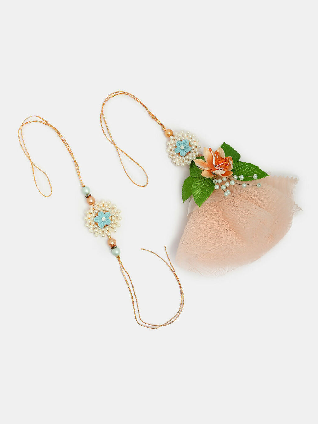 NVR Women & Men Set of 2 Peach Floral Design Pearl Beaded Bhaiya Bhabi Rakhi With Roli Chawal & Chocolate