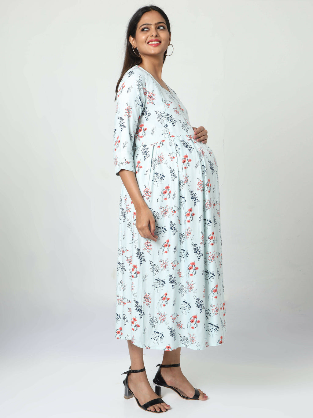 Manet Three Fourth Maternity Dress Floral Print With Concealed Zipper Nursing Access - Pista Green