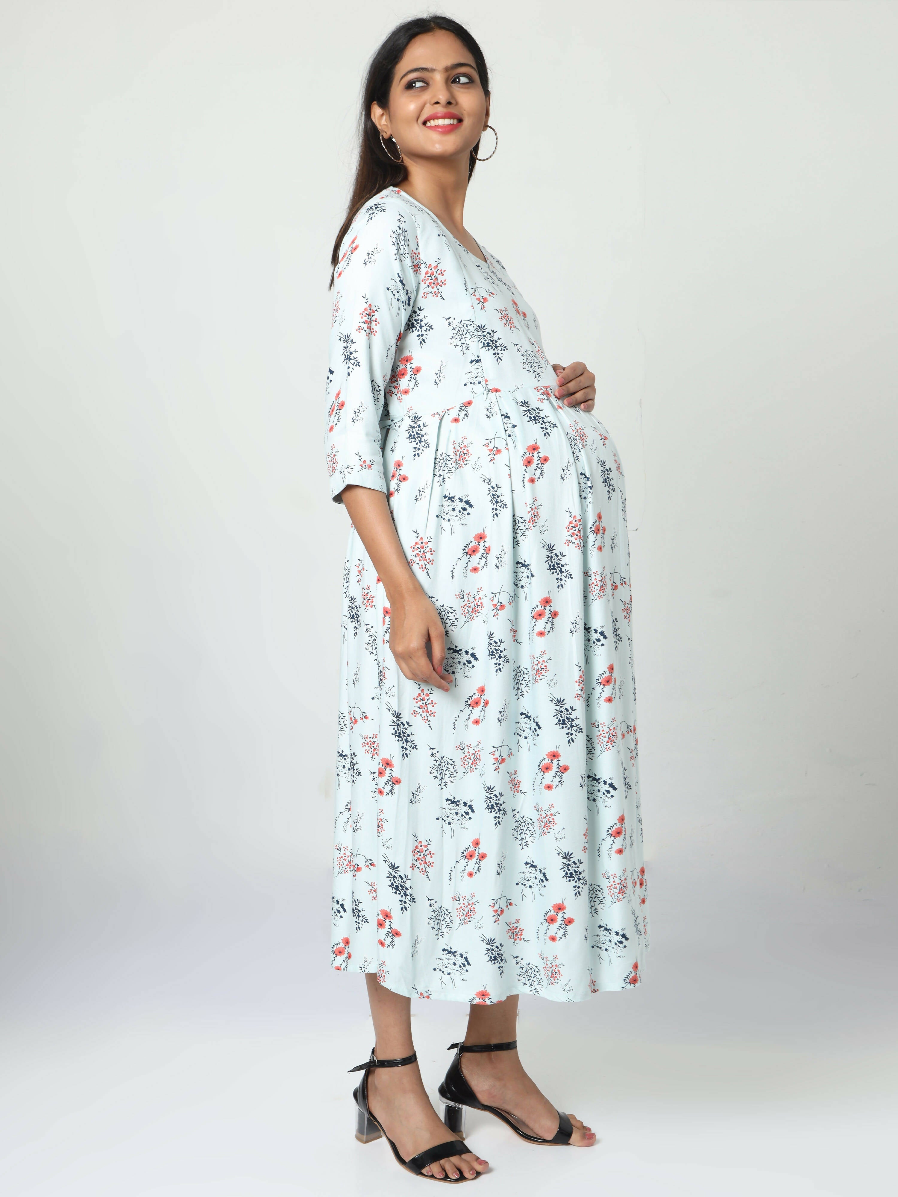 Manet Three Fourth Maternity Dress Floral Print With Concealed Zipper Nursing Access - Pista Green