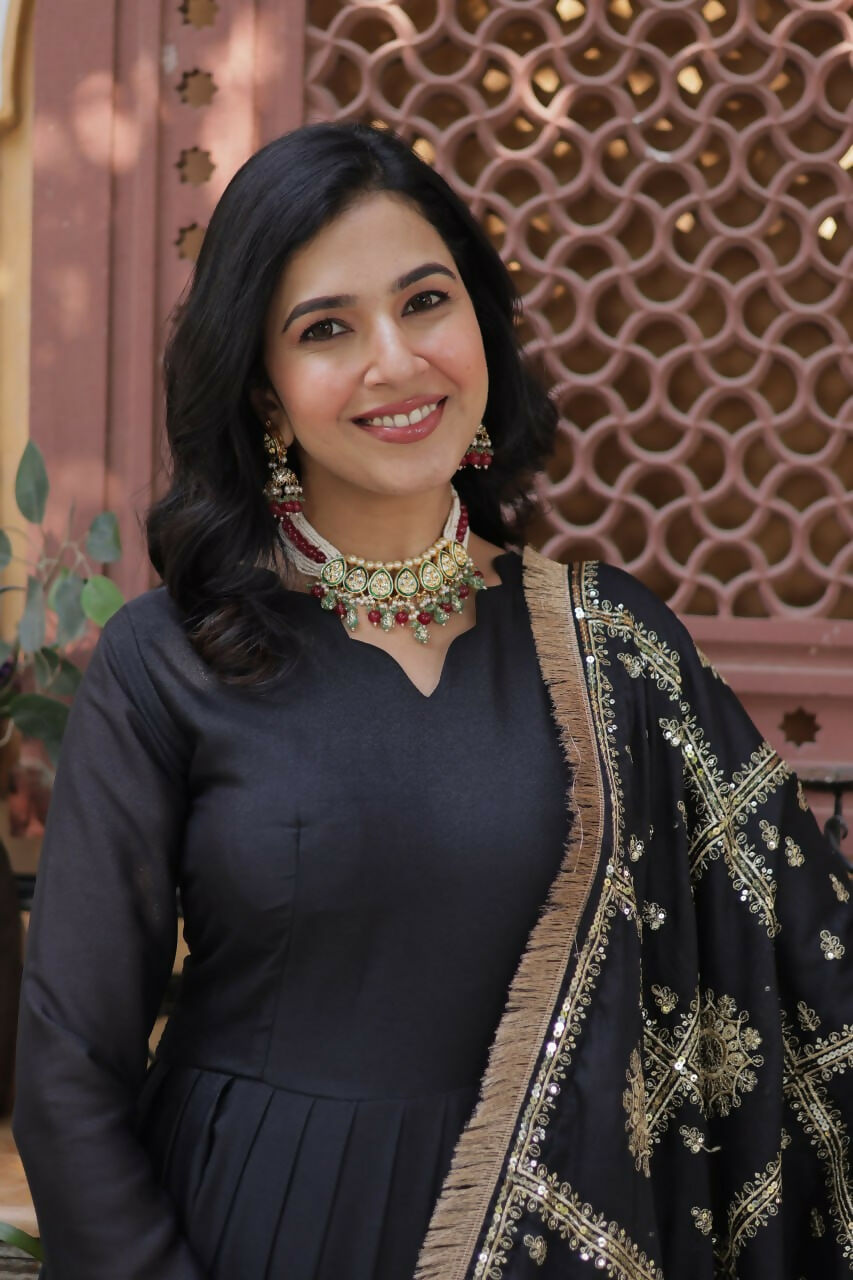 Vastranavya Star Georgette with Embroidery Zari Sequins-work Gown & Dupatta - Black