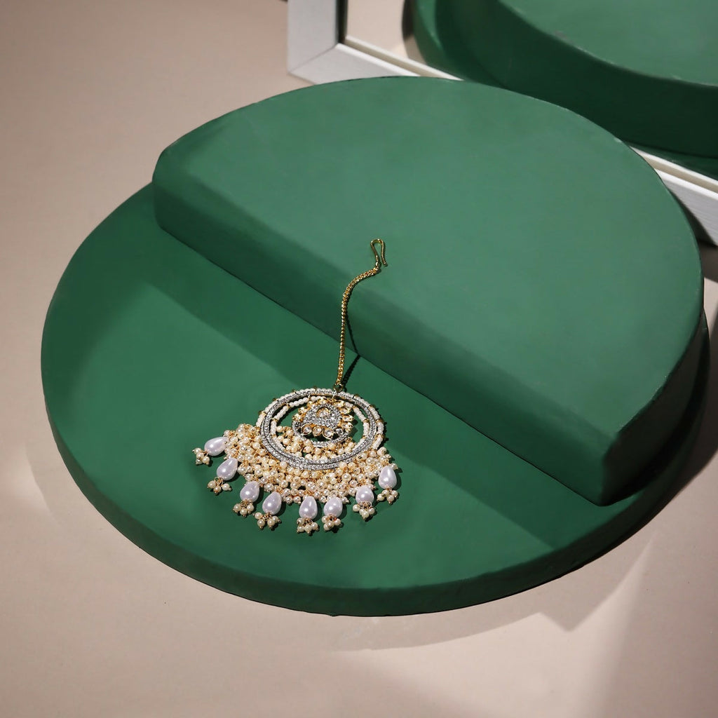 Kundan Chand Maang Tikka with Pearl Drops - Ruby Raang