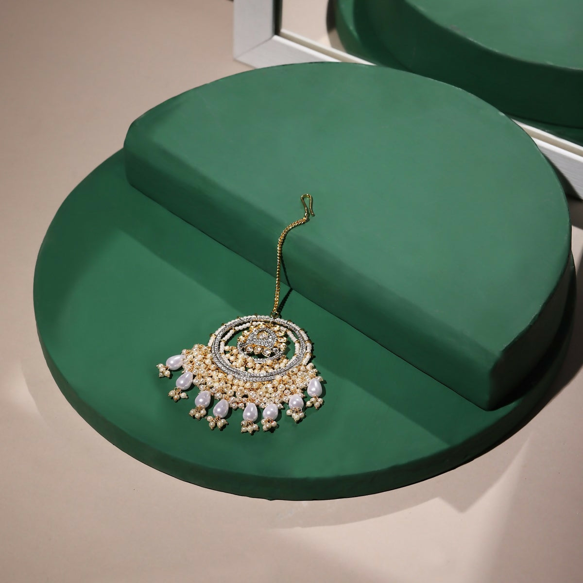 Kundan Chand Maang Tikka with Pearl Drops - Ruby Raang