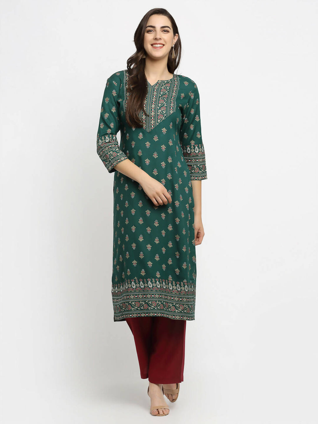 Rudra Bazaar Green Printed Yoke Designed Straight Kurta with Maroon Pyjamas