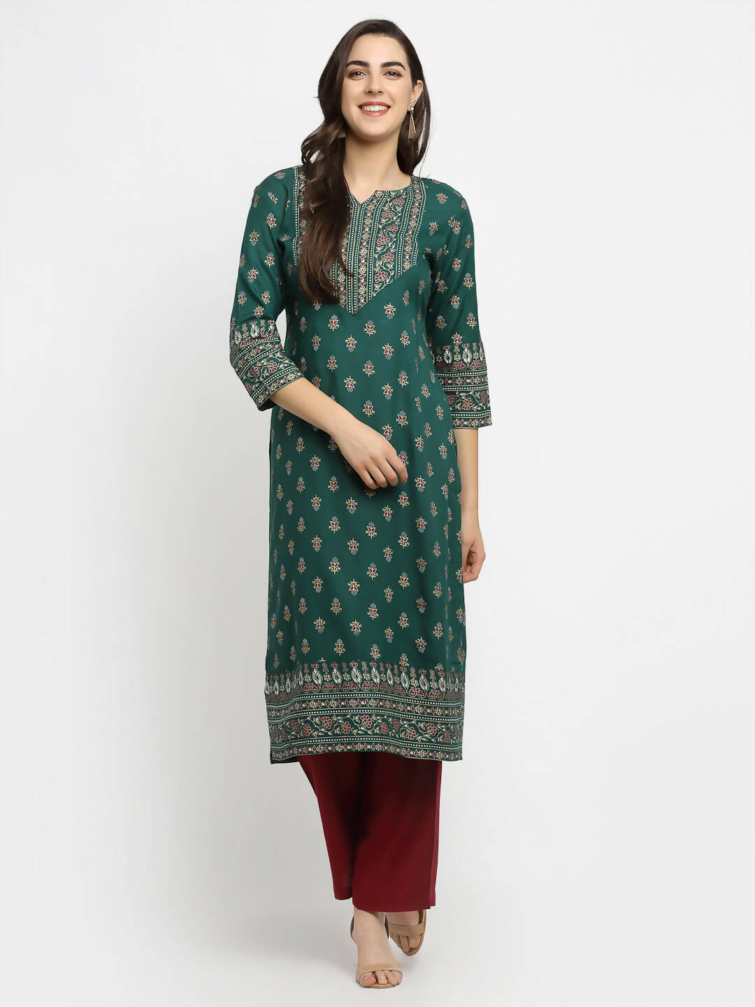 Rudra Bazaar Green Printed Yoke Designed Straight Kurta with Maroon Pyjamas