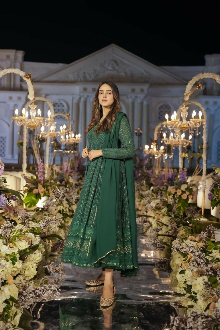 Jyoti Fashion Women's Green Faux Georgette Zari Embroidery with Sequence Anarkali Dress with Dupatta