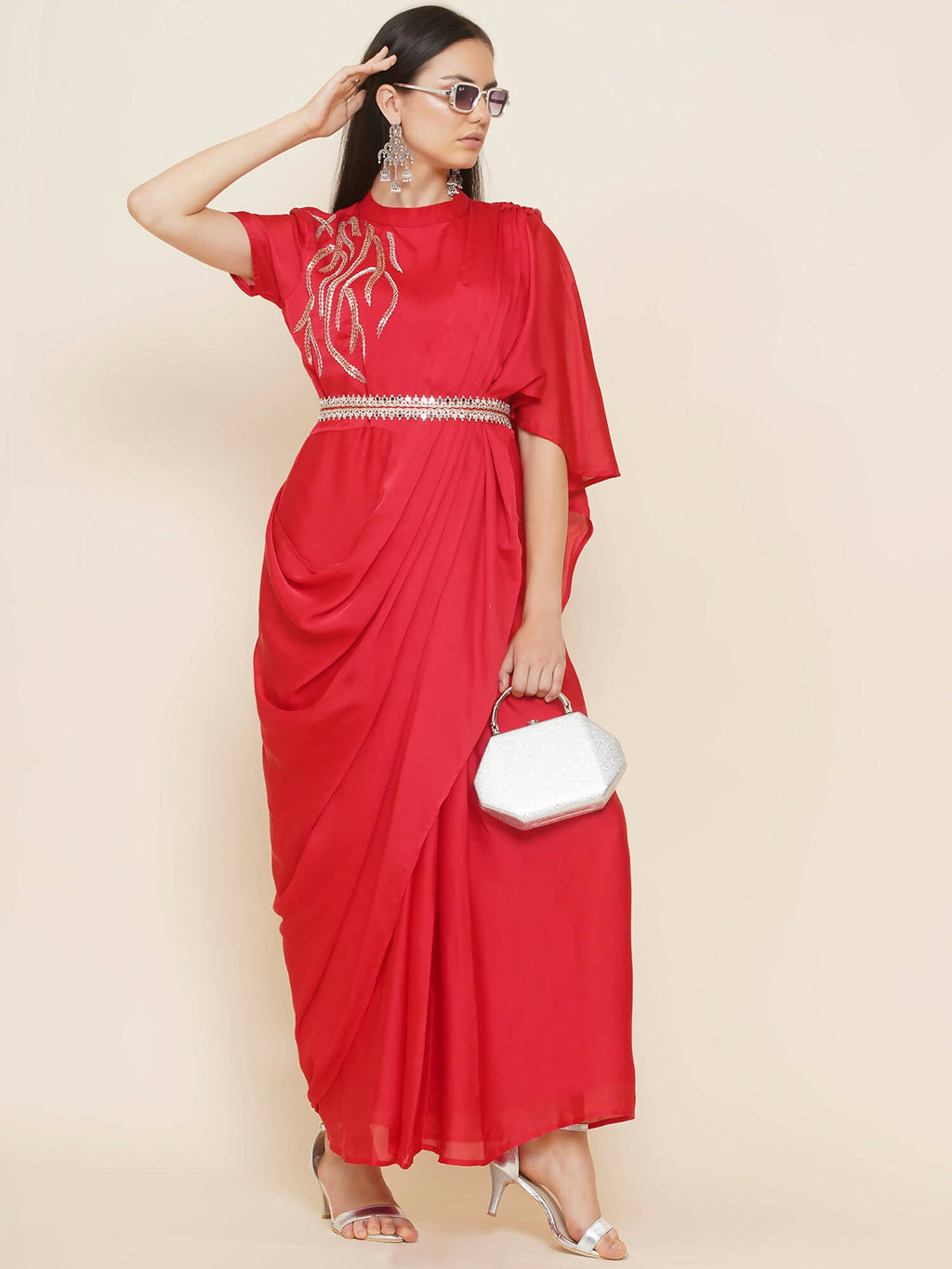 Women Republic Red Hand Embelleshed Gown With Drape