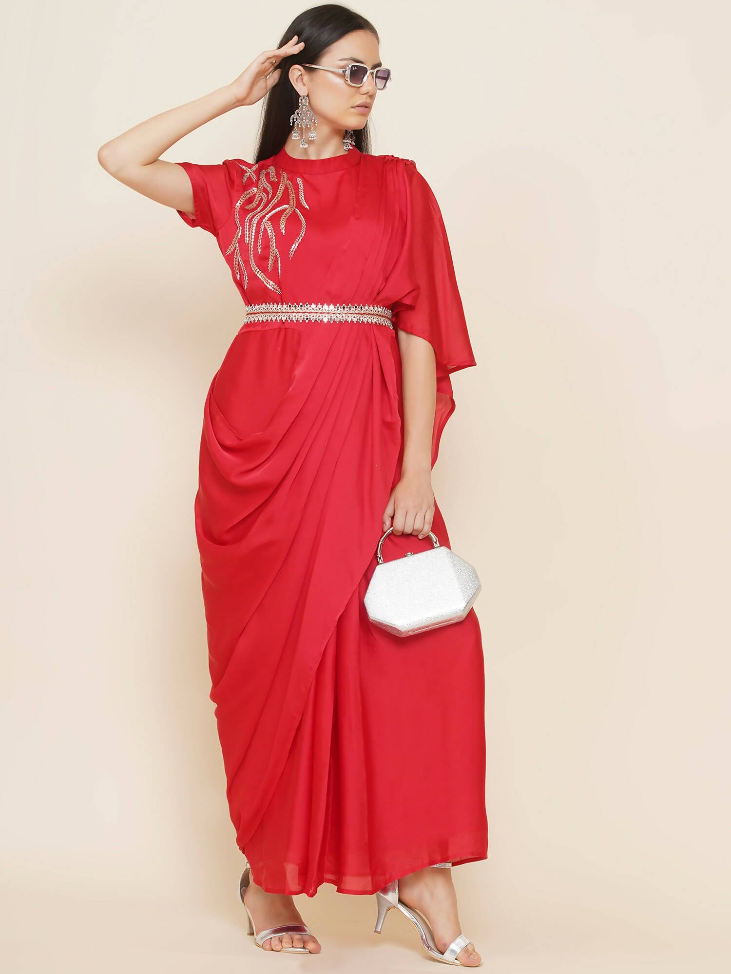 Women Republic Red Hand Embelleshed Gown With Drape