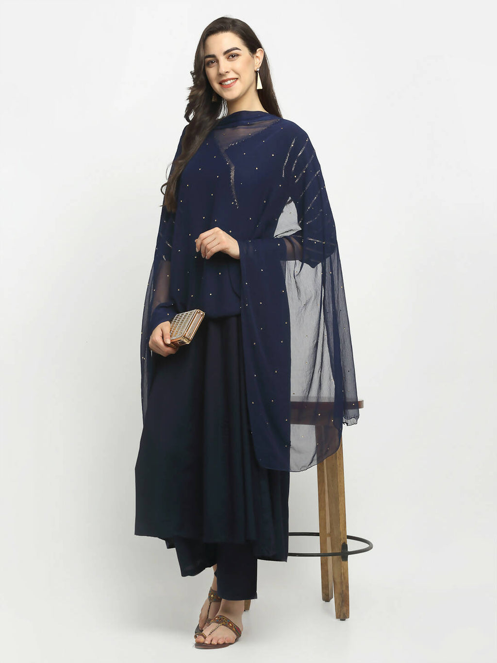 Rudra Bazaar Blue Angrakha Style Flared Kurta with Pyjamas & Dupatta