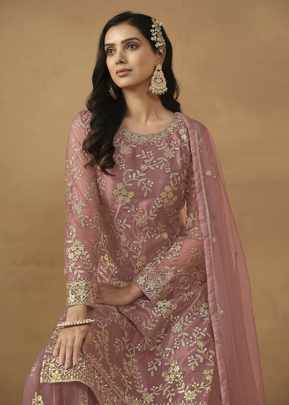 Old Rose Net Embroidered Wedding Festive Gharara Suit - Emponline