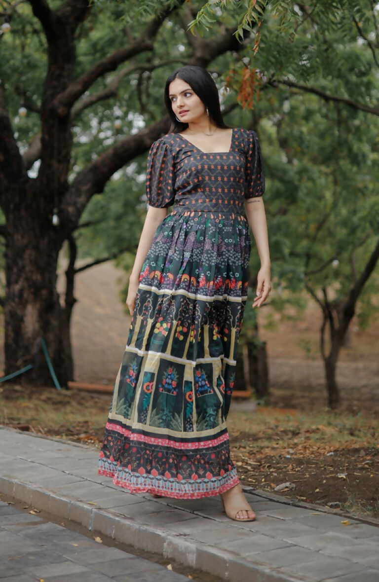 Jyoti Fashion Women's Black Heavy Digital Printed Pure Chanderi Anarkali Dress