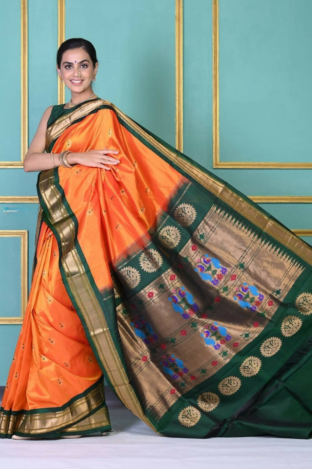 Very Much Indian Authentic Pure Silk Handloom Orange Maharani Paithani