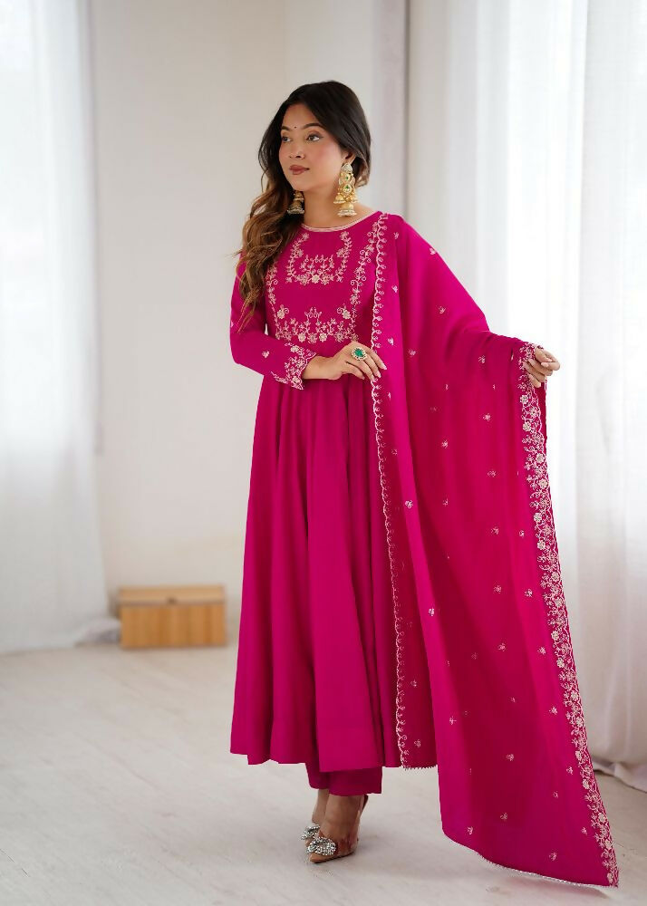 Joban Fashion Dark Pink Kurta Set Chanderi Sequence Embroidery Work