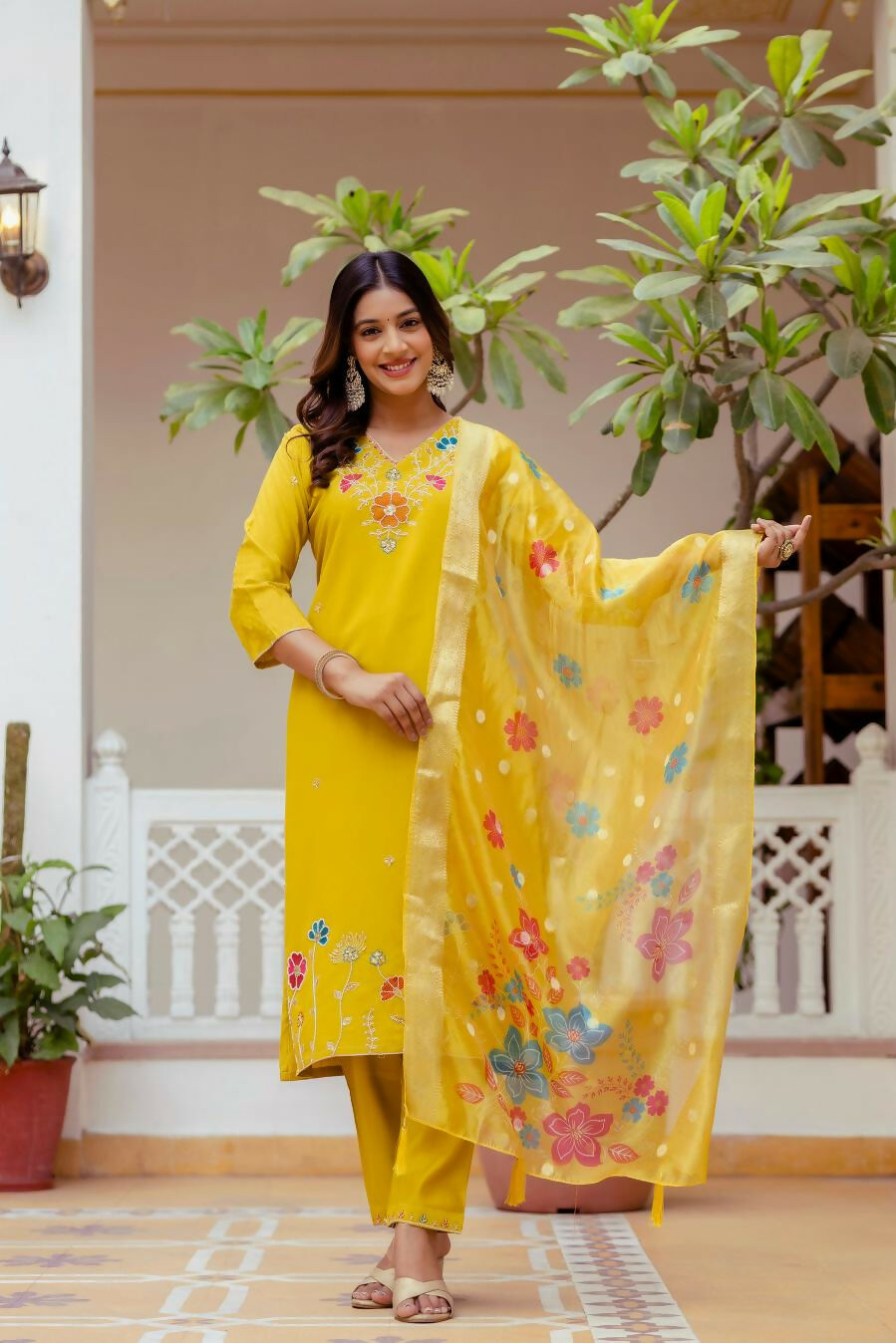 The52 Yellow Women's Gorgeous Embroidered work Viscose Gadhwal Fabric Straight Kurta, Pant and Dupatta Set