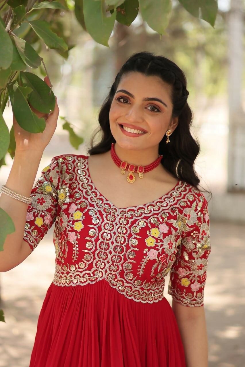 Vastranavya Faux Blooming with Embroidery Zari Sequins-work Gown - Red