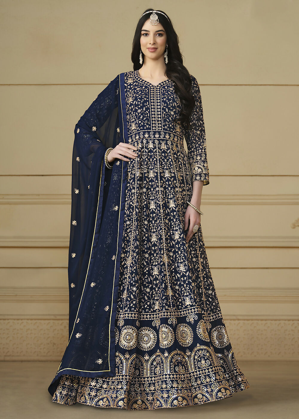 Navy Blue Embroidered Trendy Style Anarkali Suit - Emponline