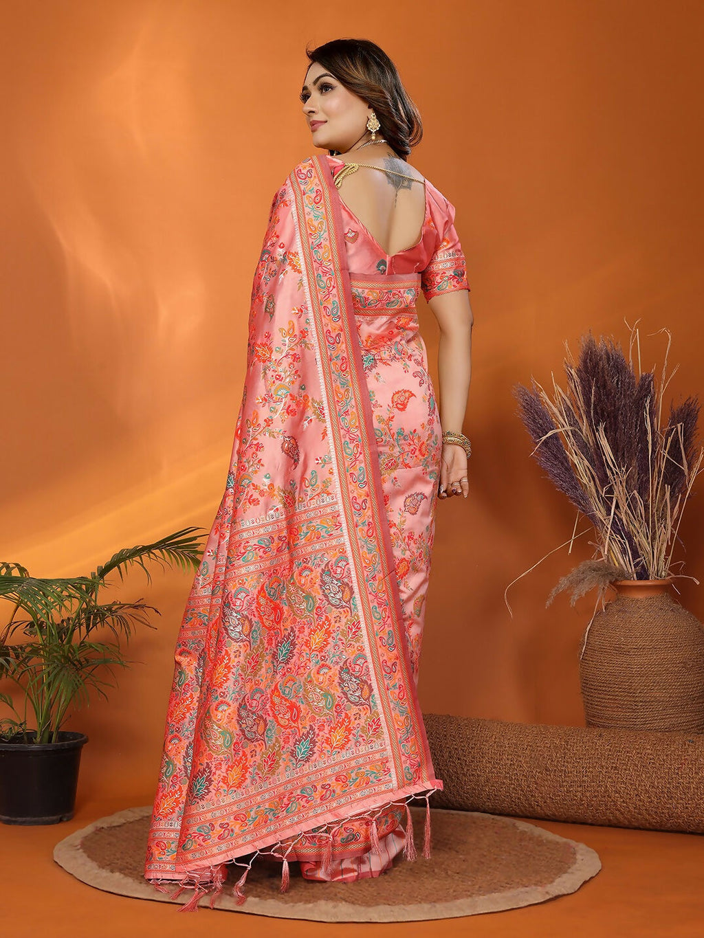 Joban Fashion Peach Meena Weaves Pashmina Sarees