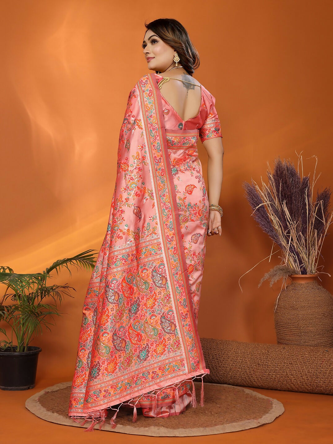 Joban Fashion Peach Meena Weaves Pashmina Sarees
