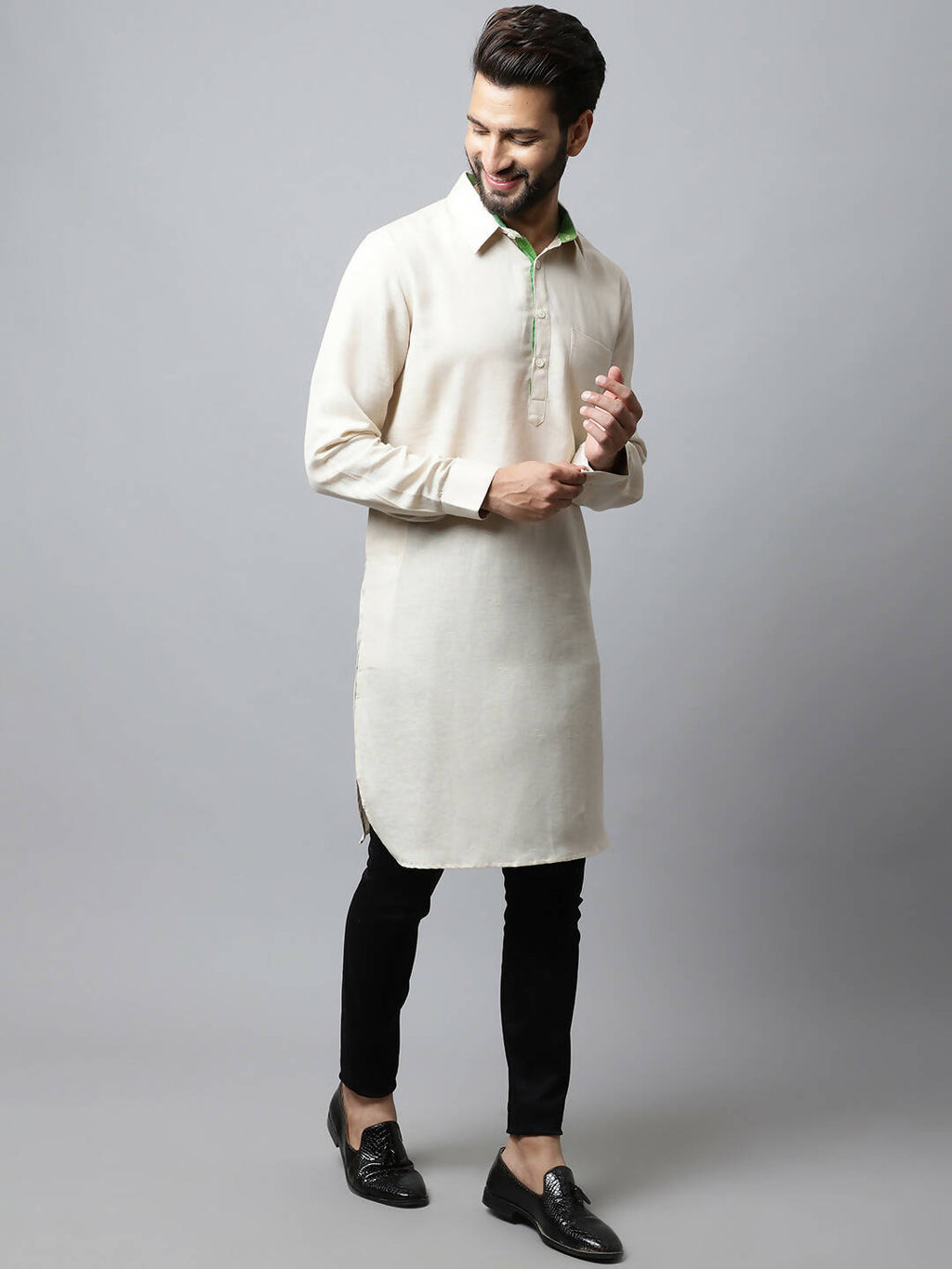 Even Apparels Cream Color Cotton Solid Men's Kurta With Shirt Collar (LN027)