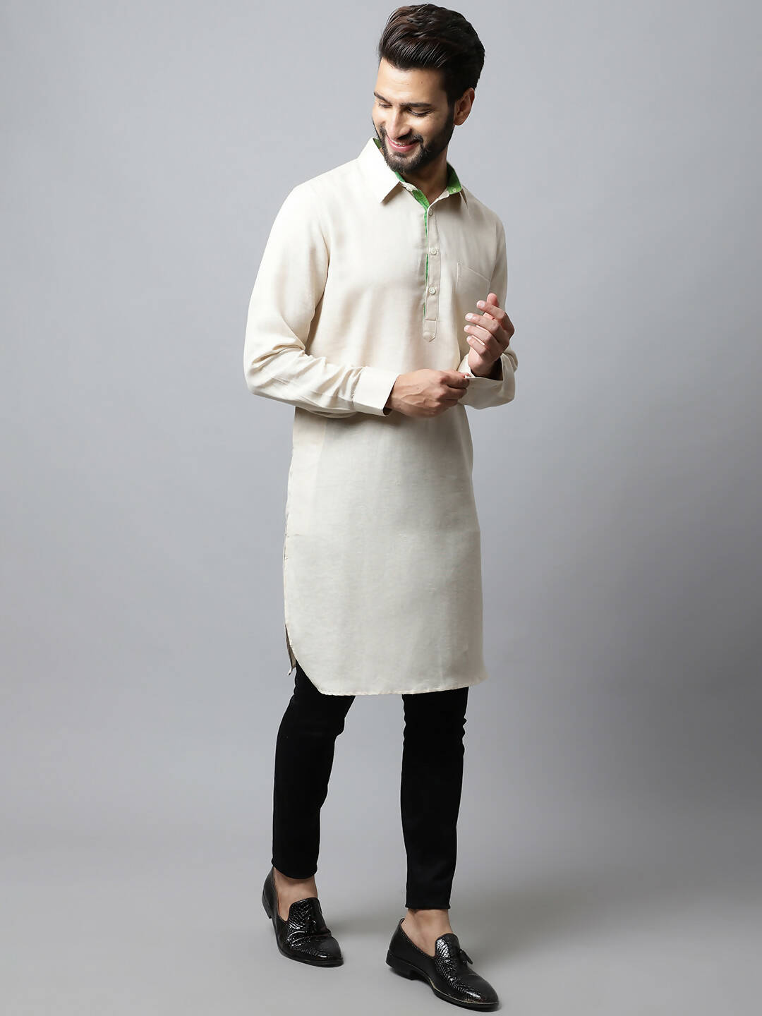 Even Apparels Cream Color Cotton Solid Men's Kurta With Shirt Collar (LN027)
