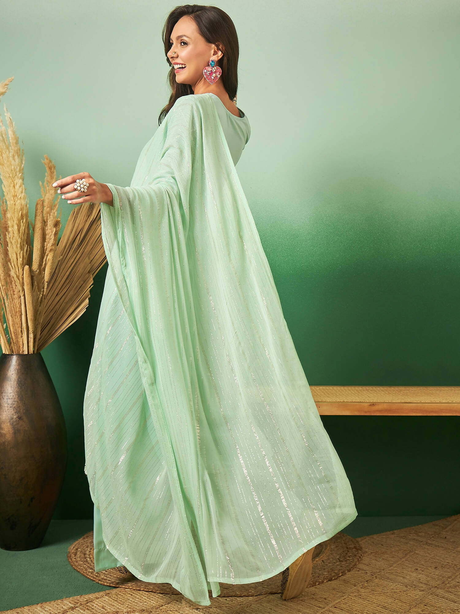 Sea Green Georgette Handwork Unstitched Dress Material - Hanika