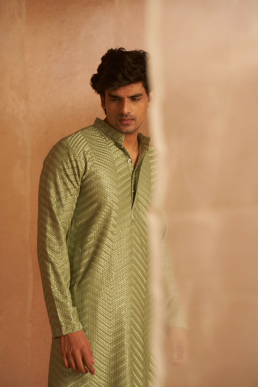 Pastel Green Viscose Embroidery Work Men's Kurta Set - Mahotsav