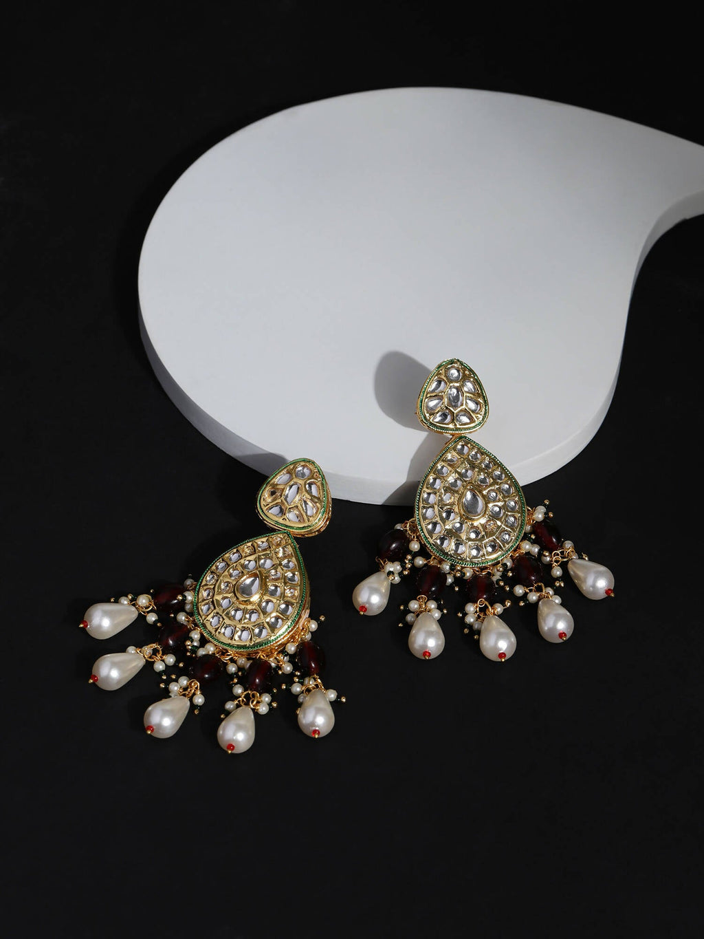 Gold-Toned White Kundan Contemporary Gold-Polished Jhumkas Earrings - Ruby Raang
