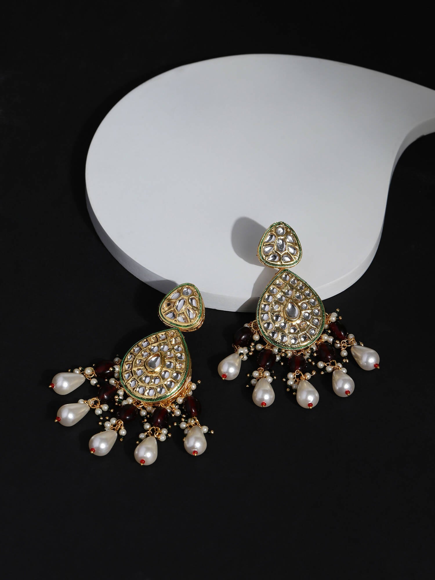 Gold-Toned White Kundan Contemporary Gold-Polished Jhumkas Earrings - Ruby Raang