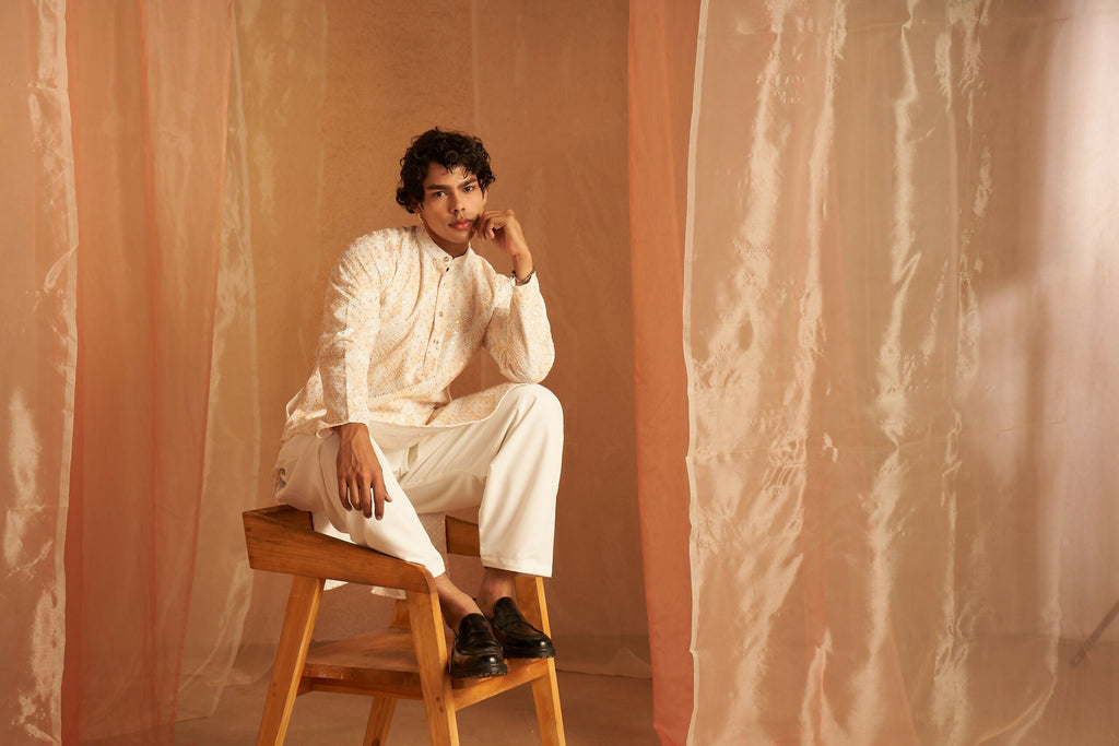 Yellow Viscose Chikankari Embroidery Work Men's Kurta Set - Mahotsav