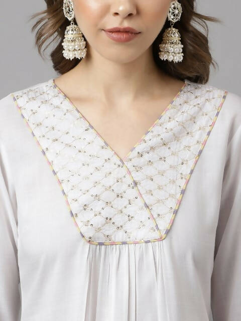 FIORRA Women's White Cotton A-Line Kurta Pant With Dupatta
