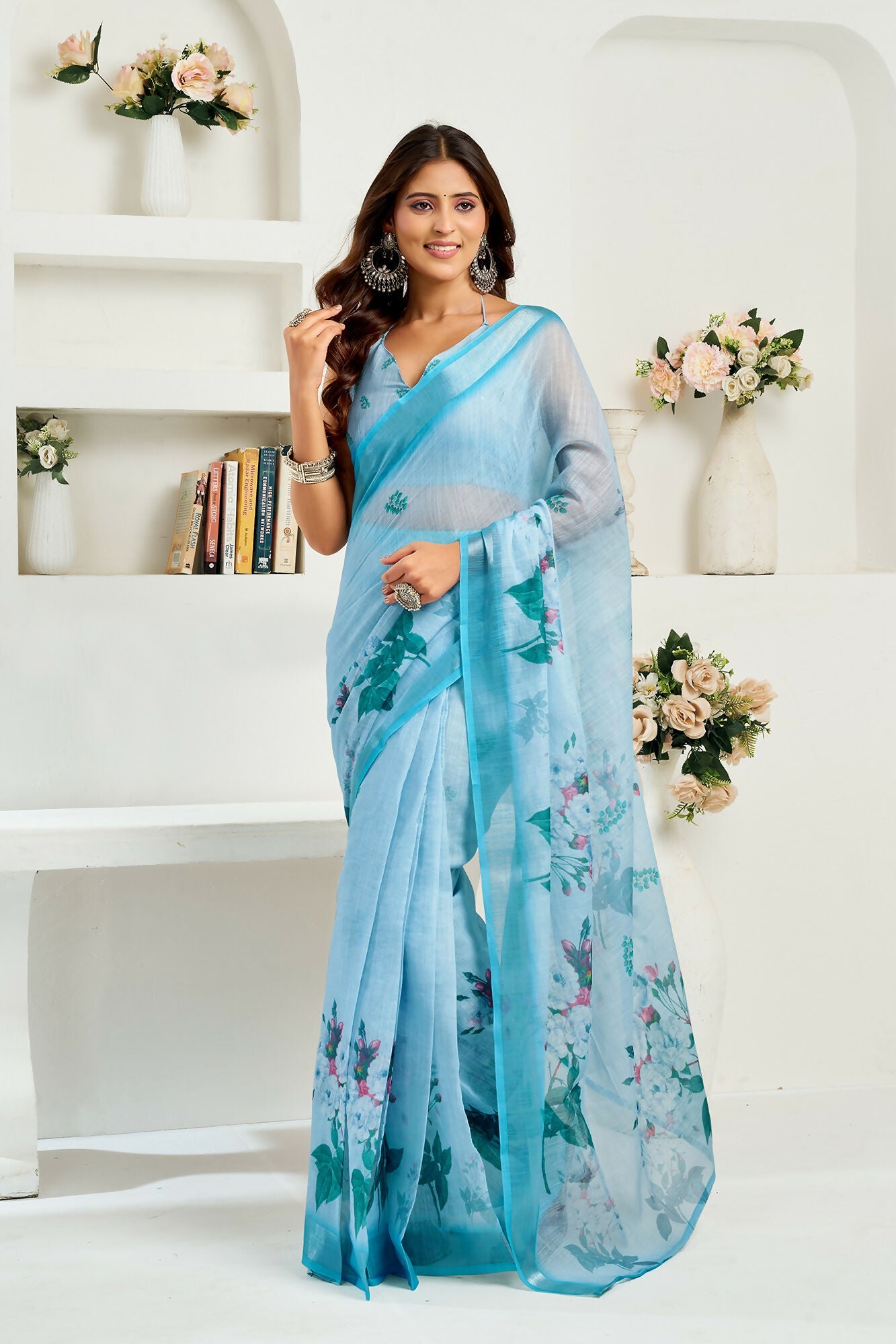 Vastranavya Sea Blue Digital Printed Linen Ready To Wear Designer Saree with Unstitched Blouse