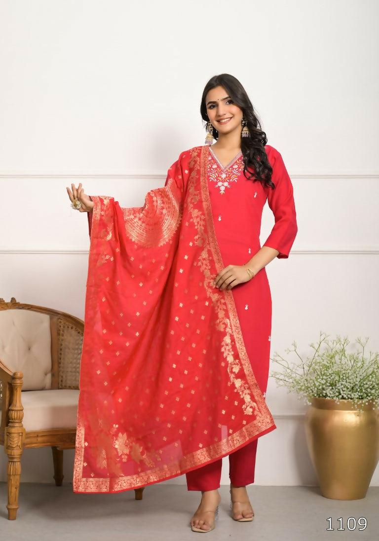 Festive Wear Ethnic Red Viscose Chanderi Stitched Suit With Dupatta - Tanisha