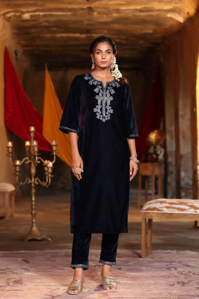Juniper Women Navy Velvet Embroidered Straight Kurta Sets