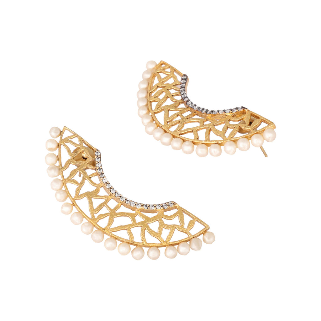 Nuyug 22K Gold-Plated Zircon Studded & Pearl Beaded Contemporary Shaped Statement Stud Earrings