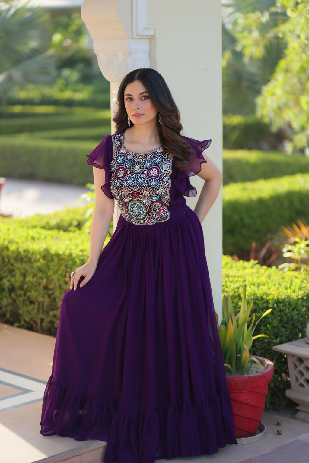 Joban Fashion Purple Georgette Sequence Embroidery Work Gown