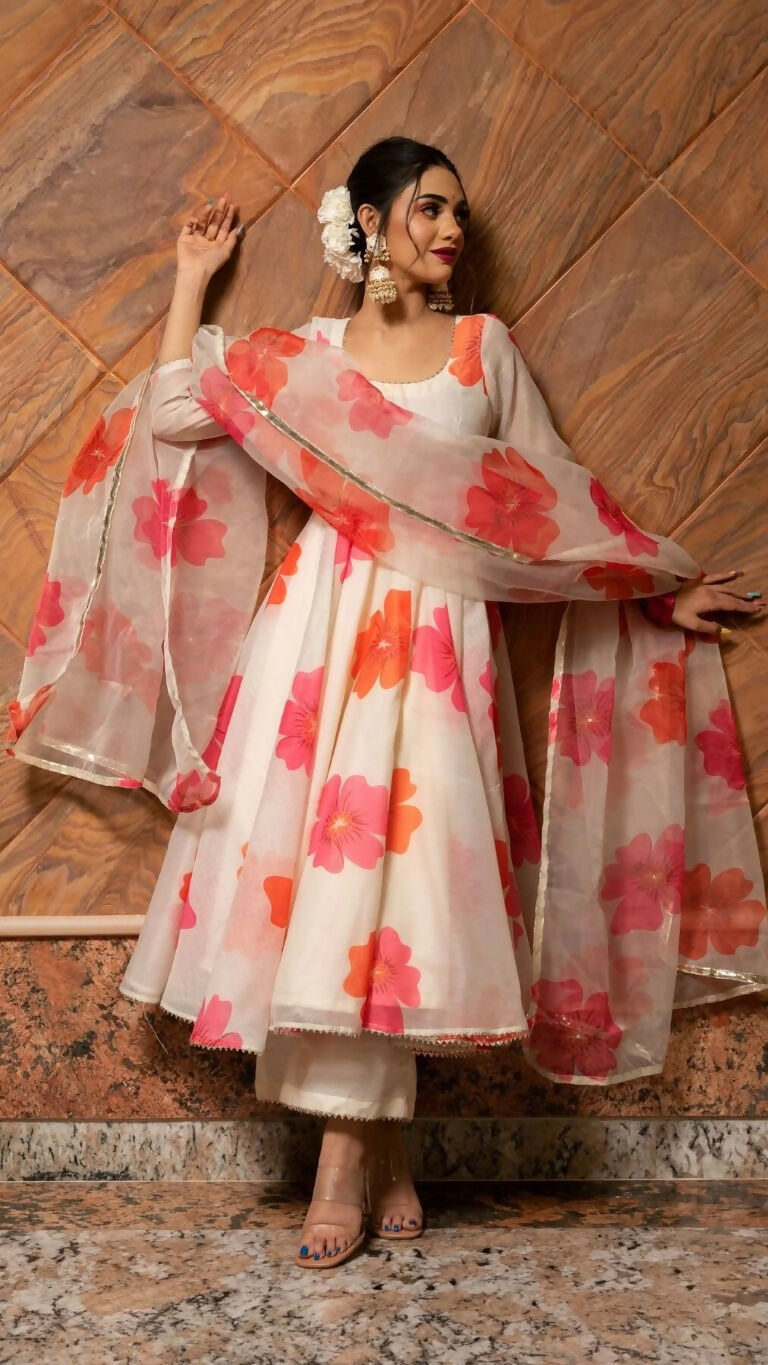 Jyoti Fashion Women's Pink Heavy Chanderi Floral Digital Printed Kurta with Trouser & Dupatta