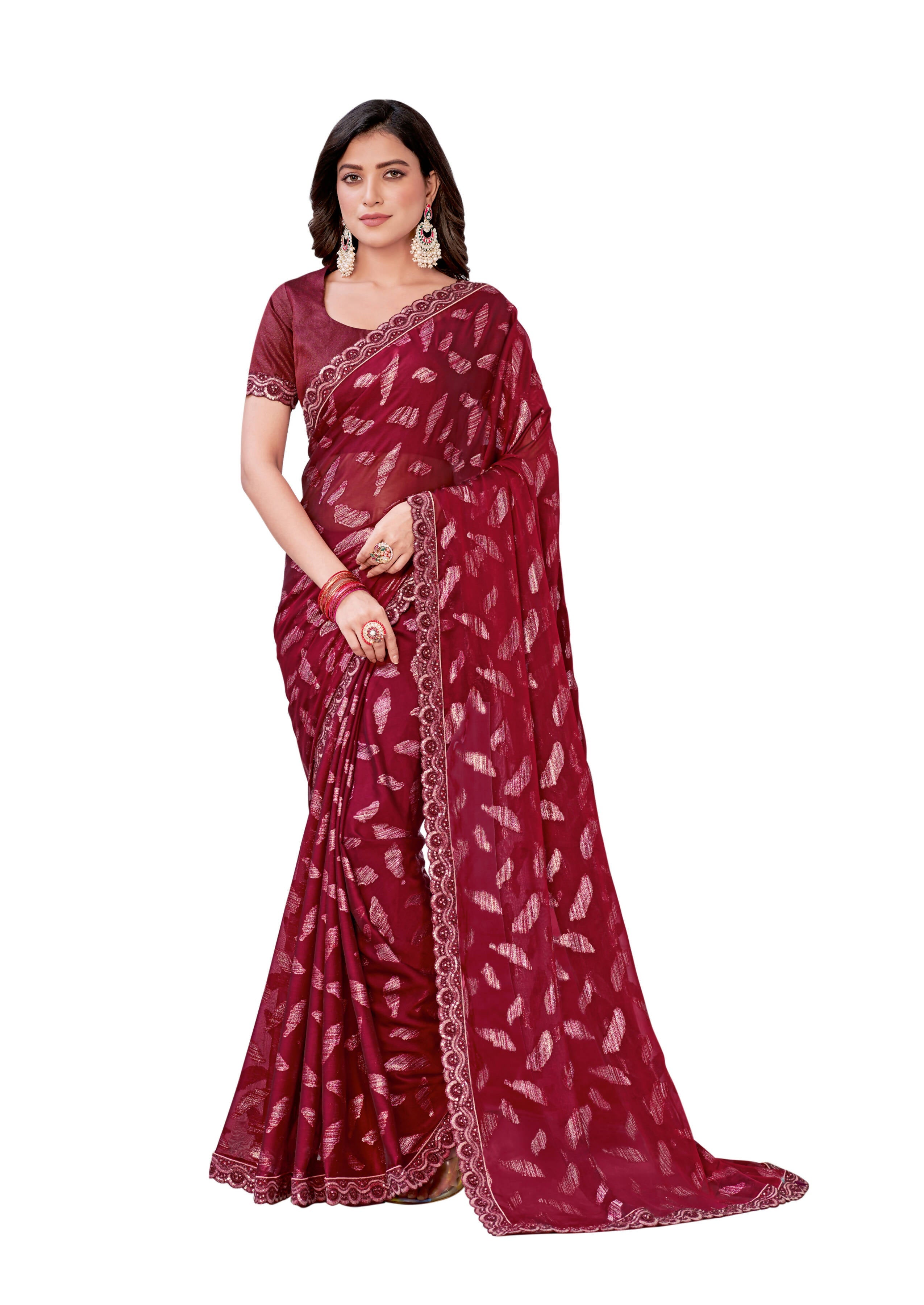 Red Georgette Zari Jacquard Embroidered Border With Sequence Work Saree With Unstitched Blouse Piece - Norita Zaina