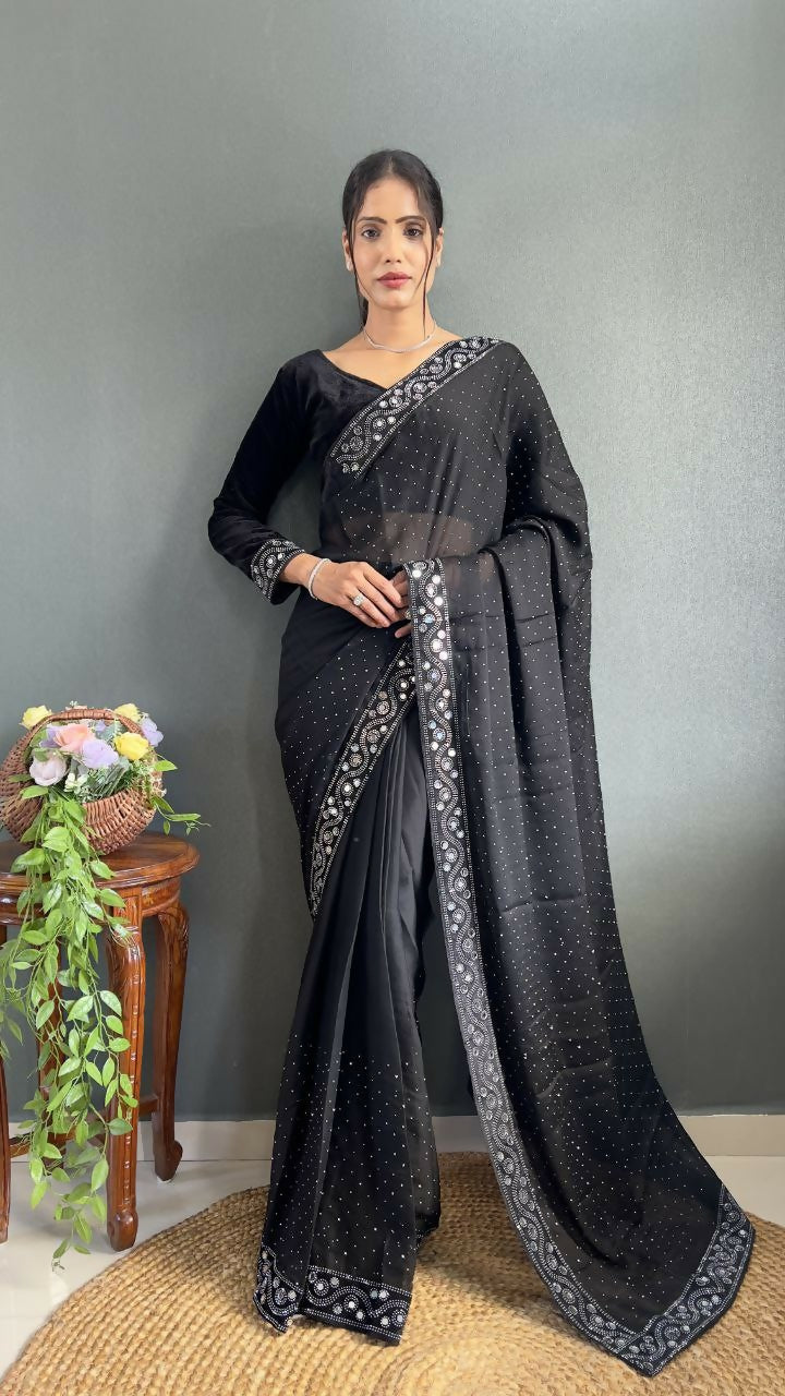 Vastranavya Black Rangoli Silk Real Mirror work with Swarovski work Ready to Wear Saree