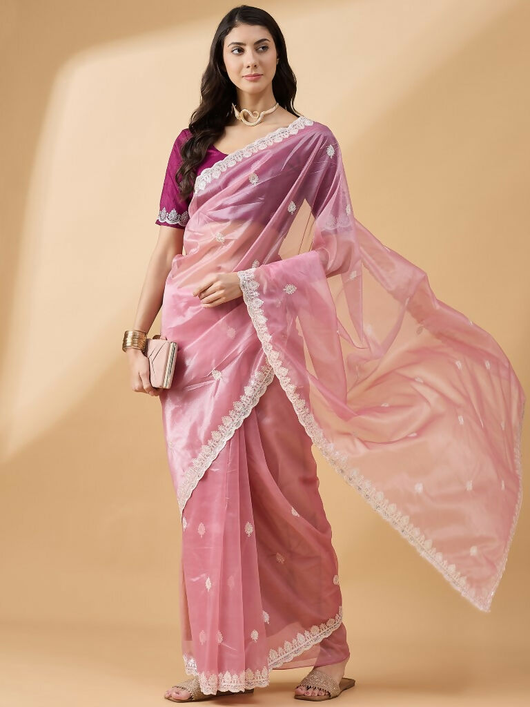 Pink Organza Sequence Embroidered Saree with Unstitched Blouse - Satya