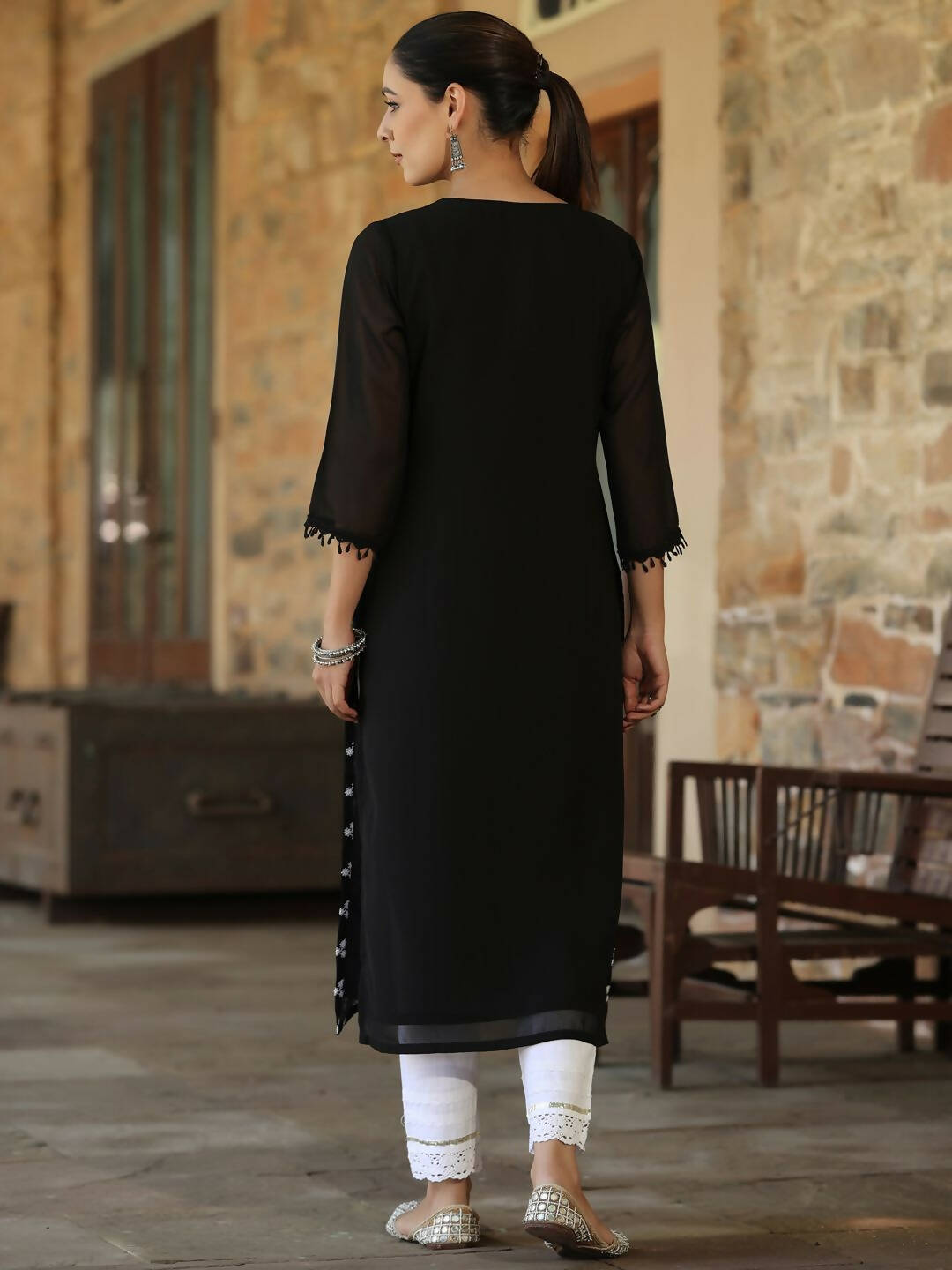 Juniper Women's Black Georgette Printed Kurta