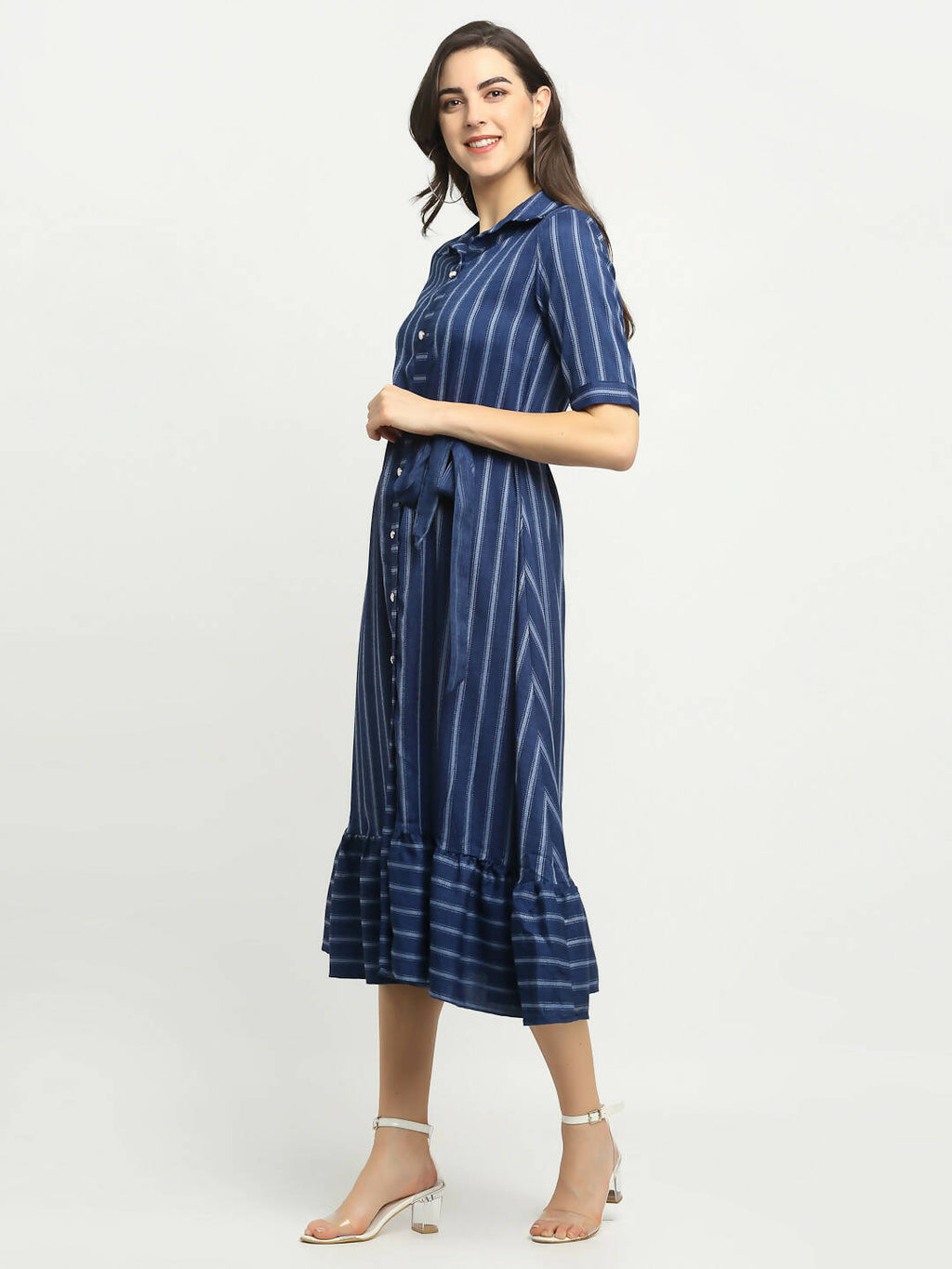 Rudra Bazaar Blue A-Line Striped Kurta