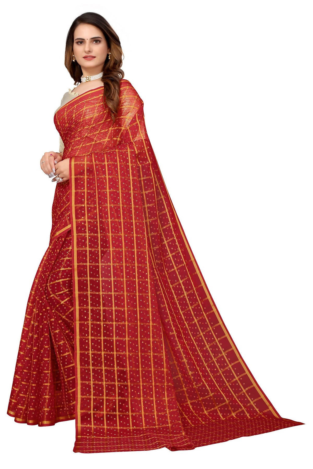 Vamika Ethnic Fire Red Jari Work Chiffon Saree