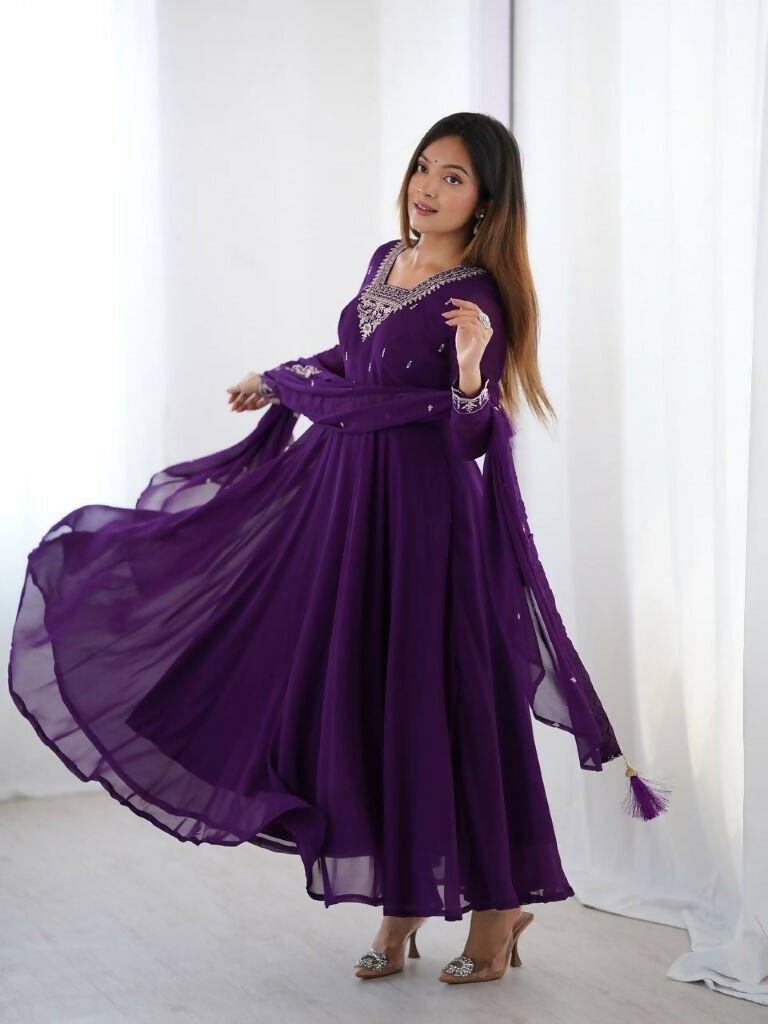 Teeya Creation Purple Color Pure Soft Georgette Embroidery Work Gown