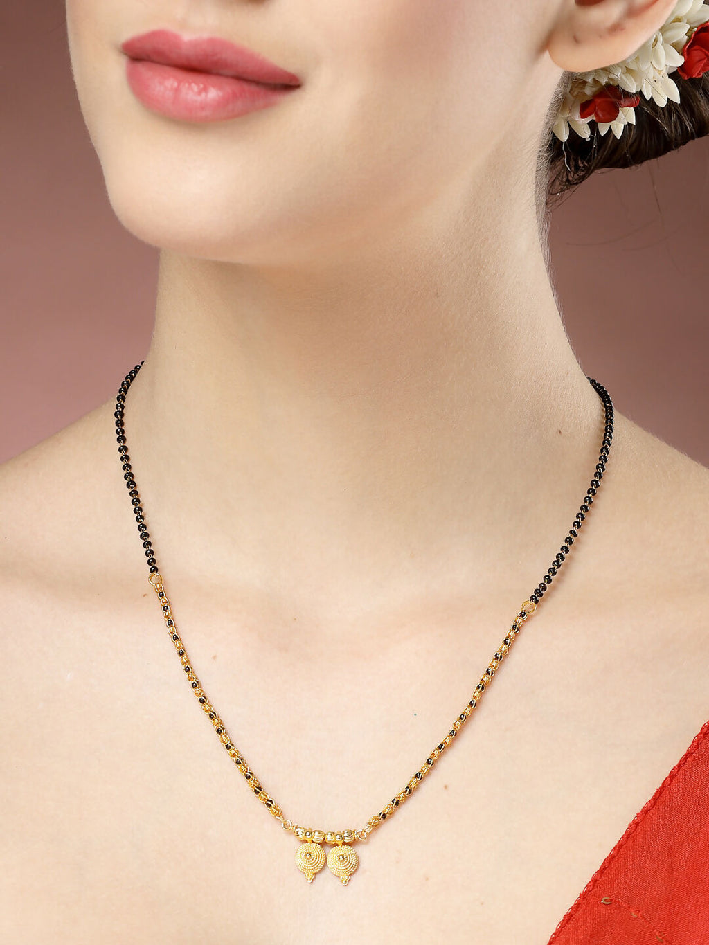 NVR Women's Gold-Polished Black Beaded Mangalsutra