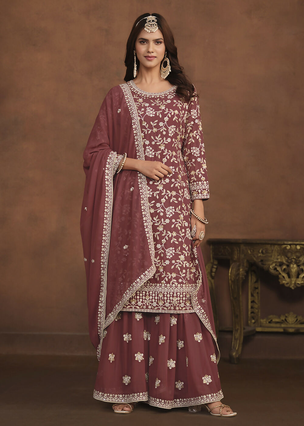Faux Georgette Taupe Mauve Embroidered Festive Salwar Suit - Emponline
