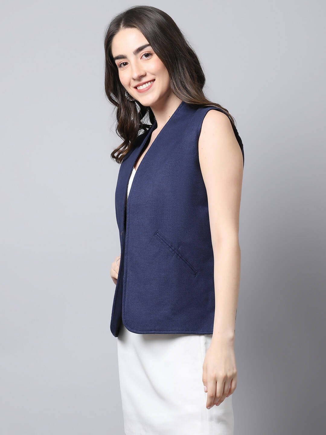 Even Apparels Navy Polywool Open Front Women's Waistcoat